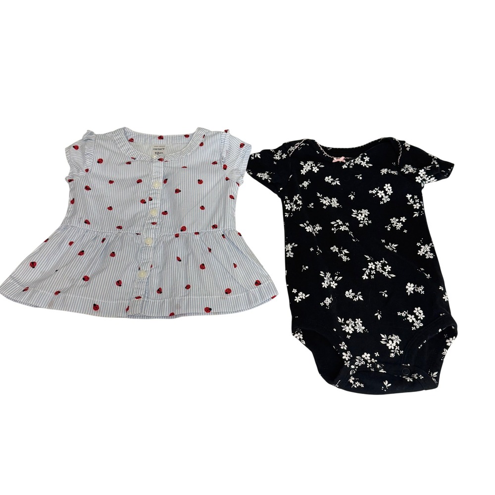 Carters Baby Girl 12M Blue Ladybug Peplum Top‎ and Black Floral Bodysuit Lot 2pc